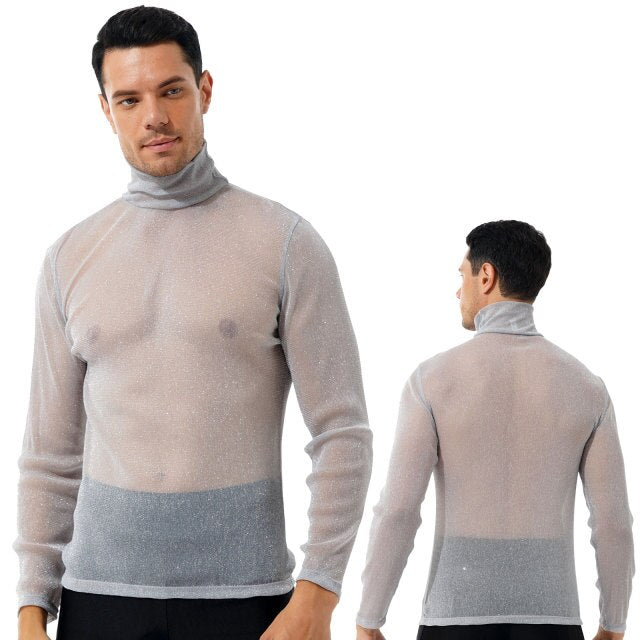 Mens Fashion Shiny See-through Sexy T-shirt High Neck Long Sleeve T-shirt Tops Streetwear Party Nightclub Music Concert Clubwear