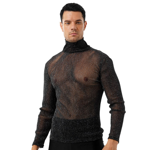 Mens Fashion Shiny See-through Sexy T-shirt High Neck Long Sleeve T-shirt Tops Streetwear Party Nightclub Music Concert Clubwear