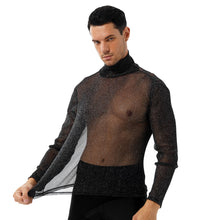 Load image into Gallery viewer, Mens Fashion Shiny See-through Sexy T-shirt High Neck Long Sleeve T-shirt Tops Streetwear Party Nightclub Music Concert Clubwear