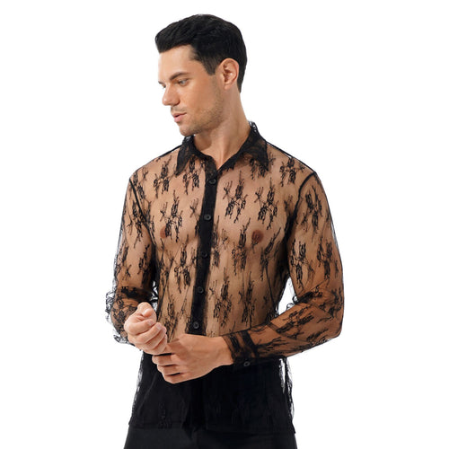 Mens Fashion Shirts See-through Floral Lace Shirt Turn-down Collar Long Sleeve Button Tops For Party Nightclub Stage Performance