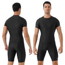 Load image into Gallery viewer, Mens Fish Scale Print Swimsuit Crew Neck Short Sleeve T-shirt with Drawstring Shorts Gym Fitness Breathable Workout Costumes