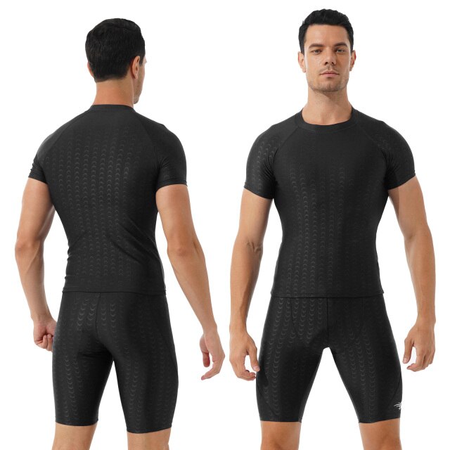 Mens Fish Scale Print Swimsuit Crew Neck Short Sleeve T-shirt with Drawstring Shorts Gym Fitness Breathable Workout Costumes