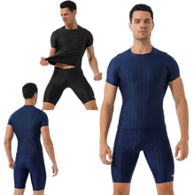 Load image into Gallery viewer, Mens Fish Scale Print Swimsuit Crew Neck Short Sleeve T-shirt with Drawstring Shorts Gym Fitness Breathable Workout Costumes