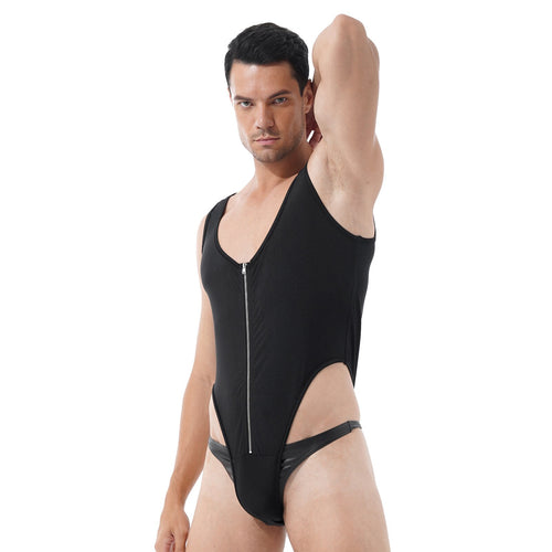 Mens Fitness Exercise Sportswear Solid Color Sleeveless Zipper Front Bodysuit Nightwear Casual U Neck High Cut Jumpsuits Leotard