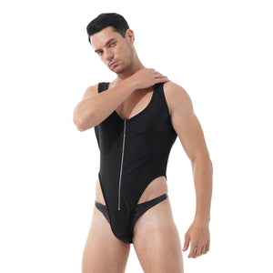 Mens Fitness Exercise Sportswear Solid Color Sleeveless Zipper Front Bodysuit Nightwear Casual U Neck High Cut Jumpsuits Leotard