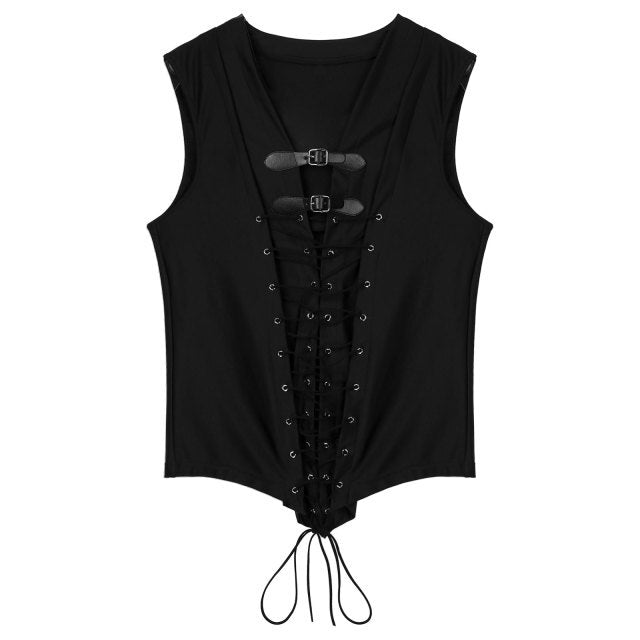 Mens Gothic Punk Lace-up Front Tank Top Adjustable Buckle Decor Sleeveless T-shirt For Rave Party Music Festival Rock Concert