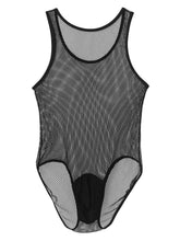 Load image into Gallery viewer, Mens Hollow Fishnet Leotard Bodysuit Adult Sexy Lingerie U Neck Sleeveless Leather Bulge Pouch Jumpsuit Clubwear Exotic Costumes