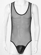 Load image into Gallery viewer, Mens Hollow Fishnet Leotard Bodysuit Adult Sexy Lingerie U Neck Sleeveless Leather Bulge Pouch Jumpsuit Clubwear Exotic Costumes