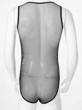 Load image into Gallery viewer, Mens Hollow Fishnet Leotard Bodysuit Adult Sexy Lingerie U Neck Sleeveless Leather Bulge Pouch Jumpsuit Clubwear Exotic Costumes