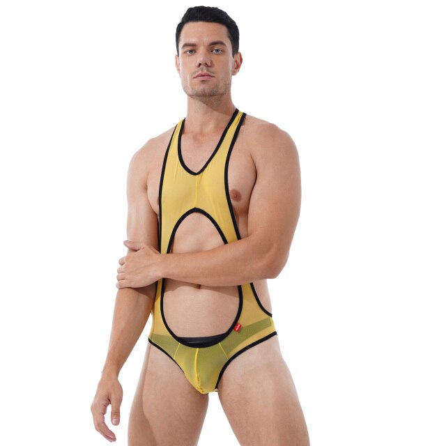 Mens Hollow Out Sleeveless Bodysuit See-through Mesh  Leotard Gym Fitness Workout Wrestling Singlet Bulge Pouch Skinny Jumpsuits