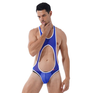 Mens Hollow Out Sleeveless Bodysuit See-through Mesh  Leotard Gym Fitness Workout Wrestling Singlet Bulge Pouch Skinny Jumpsuits