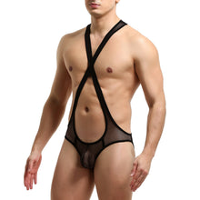 Load image into Gallery viewer, Mens Lingerie Front Bulge Pouch Wrestling Singlet Bodysuit Sheer Mesh Jockstrap Racer Back Crisscross Erotic Sexy Underwear