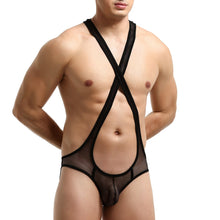 Load image into Gallery viewer, Mens Lingerie Front Bulge Pouch Wrestling Singlet Bodysuit Sheer Mesh Jockstrap Racer Back Crisscross Erotic Sexy Underwear