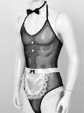Load image into Gallery viewer, Mens Lingerie Maid Costume Sexy Role Play Outfit Halter Backless Lace Trim Bodysuit with Apron Bow Tie Mesh Sexy Erotic Clothing