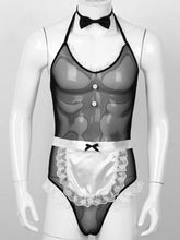 Load image into Gallery viewer, Mens Lingerie Maid Costume Sexy Role Play Outfit Halter Backless Lace Trim Bodysuit with Apron Bow Tie Mesh Sexy Erotic Clothing