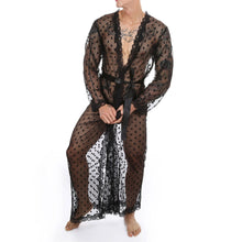Load image into Gallery viewer, Mens Lingerie See-through Sissy Crossdresser Night-Gown with Lace-up G-string Dot Pattern Mesh Lace Trim Kimono Bathrobe Belted