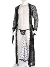 Load image into Gallery viewer, Mens Lingerie See-through Sissy Crossdresser Night-Gown with Lace-up G-string Dot Pattern Mesh Lace Trim Kimono Bathrobe Belted