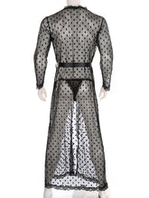 Load image into Gallery viewer, Mens Lingerie See-through Sissy Crossdresser Night-Gown with Lace-up G-string Dot Pattern Mesh Lace Trim Kimono Bathrobe Belted