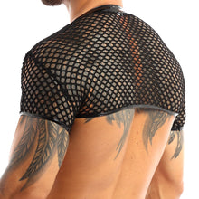 Load image into Gallery viewer, Mens Lingerie Sexy Tank Tops Hem Trimmed in Faux Patent Leather Lingerie Vest V-neckline Short Sleeve Fishnet Muscle Crop Top