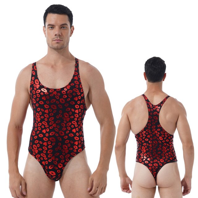 Mens Lip/ Skull Print Bodysuit Fashion Romper Jumpsuit Round Neck Sleeveless High Cut Slim Leatord One-piece Swimsuit Swimwear
