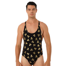 Load image into Gallery viewer, Mens Lip/ Skull Print Bodysuit Fashion Romper Jumpsuit Round Neck Sleeveless High Cut Slim Leatord One-piece Swimsuit Swimwear