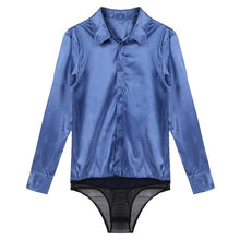 Load image into Gallery viewer, Mens One-piece Turn-down Collar Button Closure Satin Catsuit Long Sleeve Casual Button Down See Through Mesh Bottom Sexy Bodycon