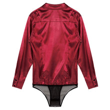 Load image into Gallery viewer, Mens One-piece Turn-down Collar Button Closure Satin Catsuit Long Sleeve Casual Button Down See Through Mesh Bottom Sexy Bodycon