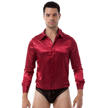 Load image into Gallery viewer, Mens One-piece Turn-down Collar Button Closure Satin Catsuit Long Sleeve Casual Button Down See Through Mesh Bottom Sexy Bodycon