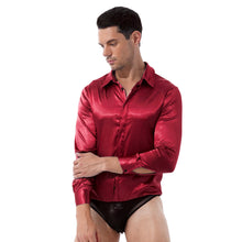Load image into Gallery viewer, Mens One-piece Turn-down Collar Button Closure Satin Catsuit Long Sleeve Casual Button Down See Through Mesh Bottom Sexy Bodycon
