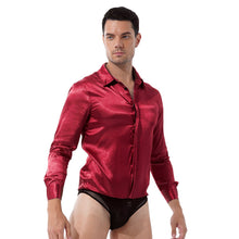 Load image into Gallery viewer, Mens One-piece Turn-down Collar Button Closure Satin Catsuit Long Sleeve Casual Button Down See Through Mesh Bottom Sexy Bodycon