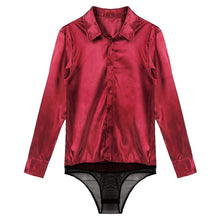 Load image into Gallery viewer, Mens One-piece Turn-down Collar Button Closure Satin Catsuit Long Sleeve Casual Button Down See Through Mesh Bottom Sexy Bodycon
