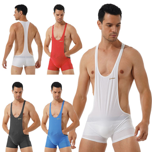 Mens One-piece Wrestling Singlet Bodysuit Fitness Workout Gym Sportswear Stretchy Scoop Neck Sleeveless Skinny Jumpsuits Leotard
