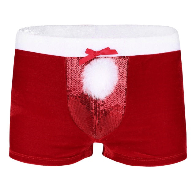 Mens Red Lingerie Velvet Funny Christmas Boxer Shorts Santa Claus Underwear Low Rise Shiny Sequins Bulge Pouch with a Plush Ball