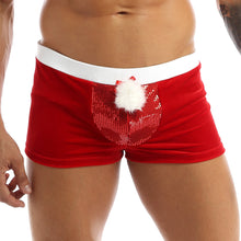 Load image into Gallery viewer, Mens Red Lingerie Velvet Funny Christmas Boxer Shorts Santa Claus Underwear Low Rise Shiny Sequins Bulge Pouch with a Plush Ball