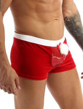 Load image into Gallery viewer, Mens Red Lingerie Velvet Funny Christmas Boxer Shorts Santa Claus Underwear Low Rise Shiny Sequins Bulge Pouch with a Plush Ball