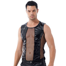 Load image into Gallery viewer, Mens Round Neck Sleeveless T-shirt See-through Hollow Out Fishnet Patchwork Patent Leather Tees Top Party Festival Sexy Clubwear