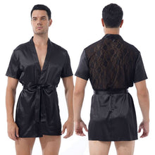 Load image into Gallery viewer, Mens Satin Kimono Home Night-robe See-Through Floral Lace Patchwork Back Short Sleeve Sleepwear Nightwear with Self-tie Belt