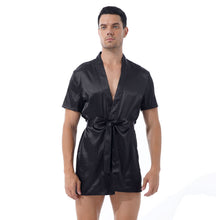 Load image into Gallery viewer, Mens Satin Kimono Home Night-robe See-Through Floral Lace Patchwork Back Short Sleeve Sleepwear Nightwear with Self-tie Belt