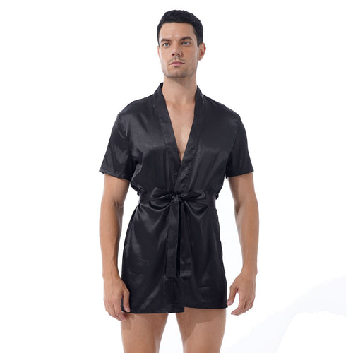 Mens Satin Kimono Home Night-robe See-Through Floral Lace Patchwork Back Short Sleeve Sleepwear Nightwear with Self-tie Belt