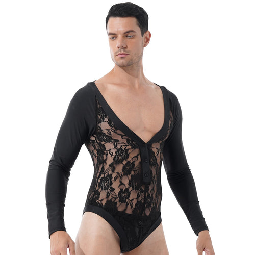 Mens See-through Floral Lace Patchwork Bodycon Deep V Neck Long Sleeve Button Closure Romper Catsuit For Stage Show Nightclub