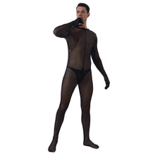 Load image into Gallery viewer, Mens See-through Mesh Bodystocking Zipper Crotch Bodysuit Sheer Skinny Jumpsuit With Patent Leather Bulge Pouch Nightclub Outfit