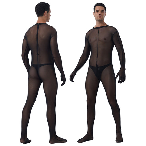 Mens See-through Mesh Bodystocking Zipper Crotch Bodysuit Sheer Skinny Jumpsuit With Patent Leather Bulge Pouch Nightclub Outfit