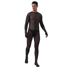 Load image into Gallery viewer, Mens See-through Mesh Bodystocking Zipper Crotch Bodysuit Sheer Skinny Jumpsuit With Patent Leather Bulge Pouch Nightclub Outfit