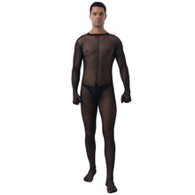 Load image into Gallery viewer, Mens See-through Mesh Bodystocking Zipper Crotch Bodysuit Sheer Skinny Jumpsuit With Patent Leather Bulge Pouch Nightclub Outfit