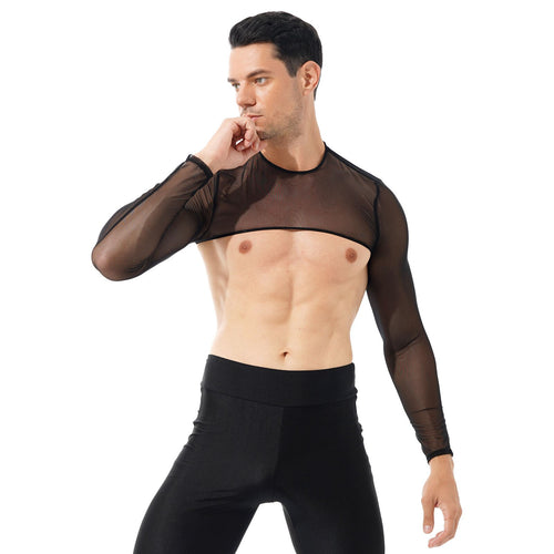 Mens See-through Mesh Cropped Sexy T-shirt Round Neck Long Sleeve Skinny Crop Vest Tops Workout Gym Stage Show Muscle Tank Tops