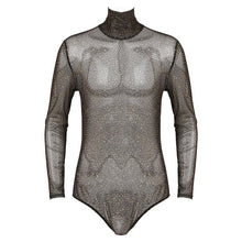 Load image into Gallery viewer, Mens See-through Mesh Leopard Printed Romper Jumpsuit Turtle Neck Long Sleeve Bodycon Bodysuit Party Stage Show Sexy Clubwear