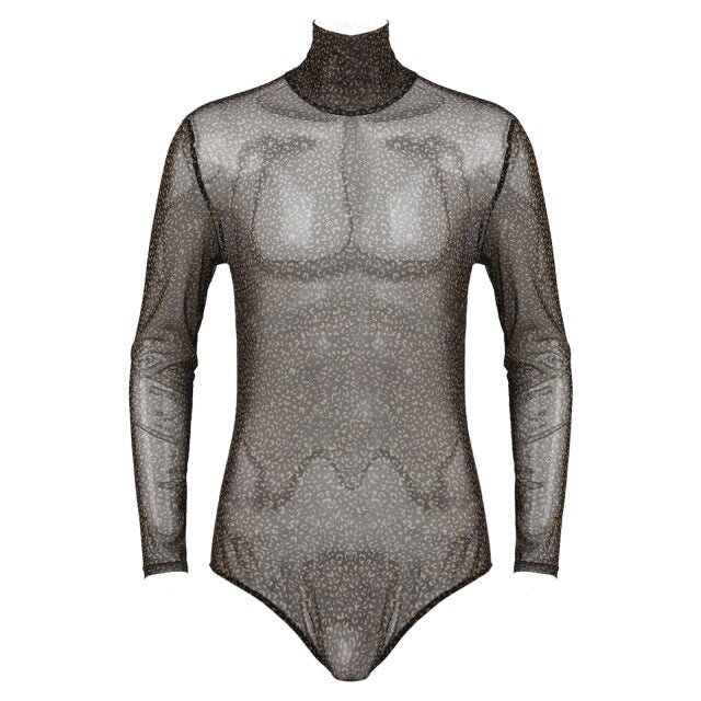 Mens See-through Mesh Leopard Printed Romper Jumpsuit Turtle Neck Long Sleeve Bodycon Bodysuit Party Stage Show Sexy Clubwear