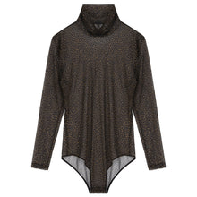 Load image into Gallery viewer, Mens See-through Mesh Leopard Printed Romper Jumpsuit Turtle Neck Long Sleeve Bodycon Bodysuit Party Stage Show Sexy Clubwear