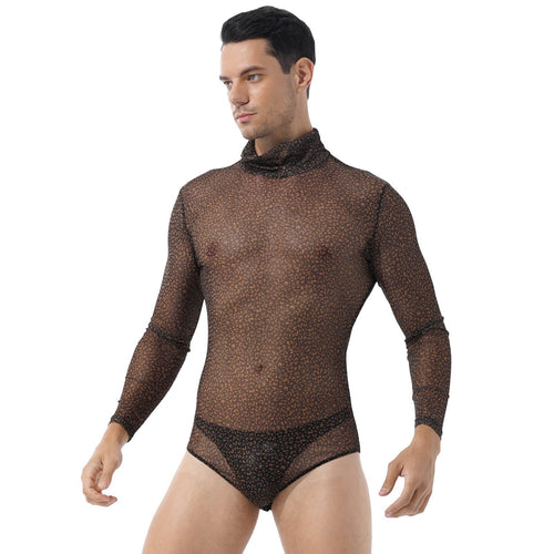 Mens See-through Mesh Leopard Printed Romper Jumpsuit Turtle Neck Long Sleeve Bodycon Bodysuit Party Stage Show Sexy Clubwear