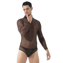 Load image into Gallery viewer, Mens See-through Mesh Leopard Printed Romper Jumpsuit Turtle Neck Long Sleeve Bodycon Bodysuit Party Stage Show Sexy Clubwear